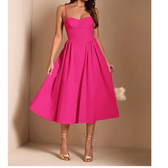 Classic Pink Solid High Waist Flared Cami Party Evening Dress XS S M L XL - Picture 3 of 3